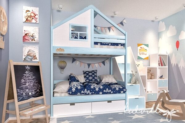 кровать домик голубая